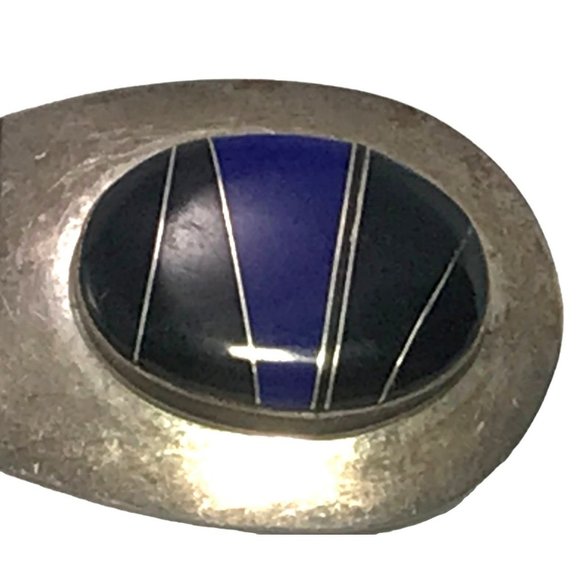 Large Vintage Zuni Sterling Silver Inlay Earrings with Onyx and Lapis Signed FM - Picture 9 of 10